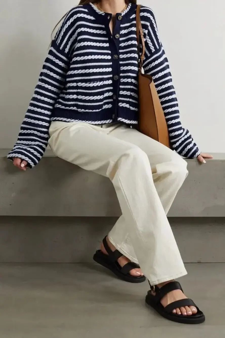 La Ligne Gabrielle Braided Wool Cardigan Navy White Striped M